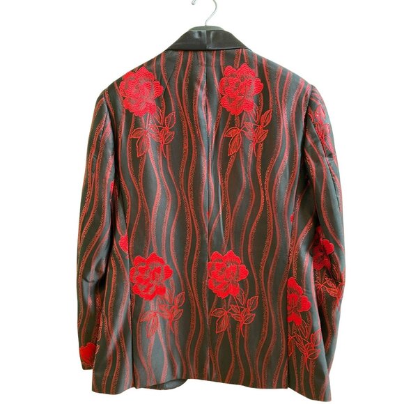 Mens Bertigo Park Black & Red Floral Embroidered Blazer & Bow Tie Set - Picture 3 of 11